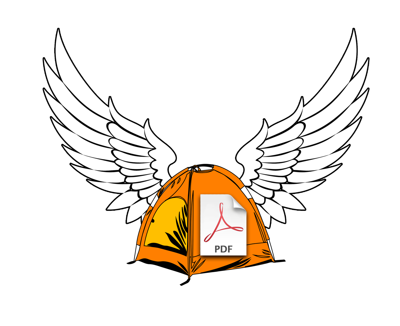 An orange tent with white wings spreading from its sides, marked with a PDF icon.